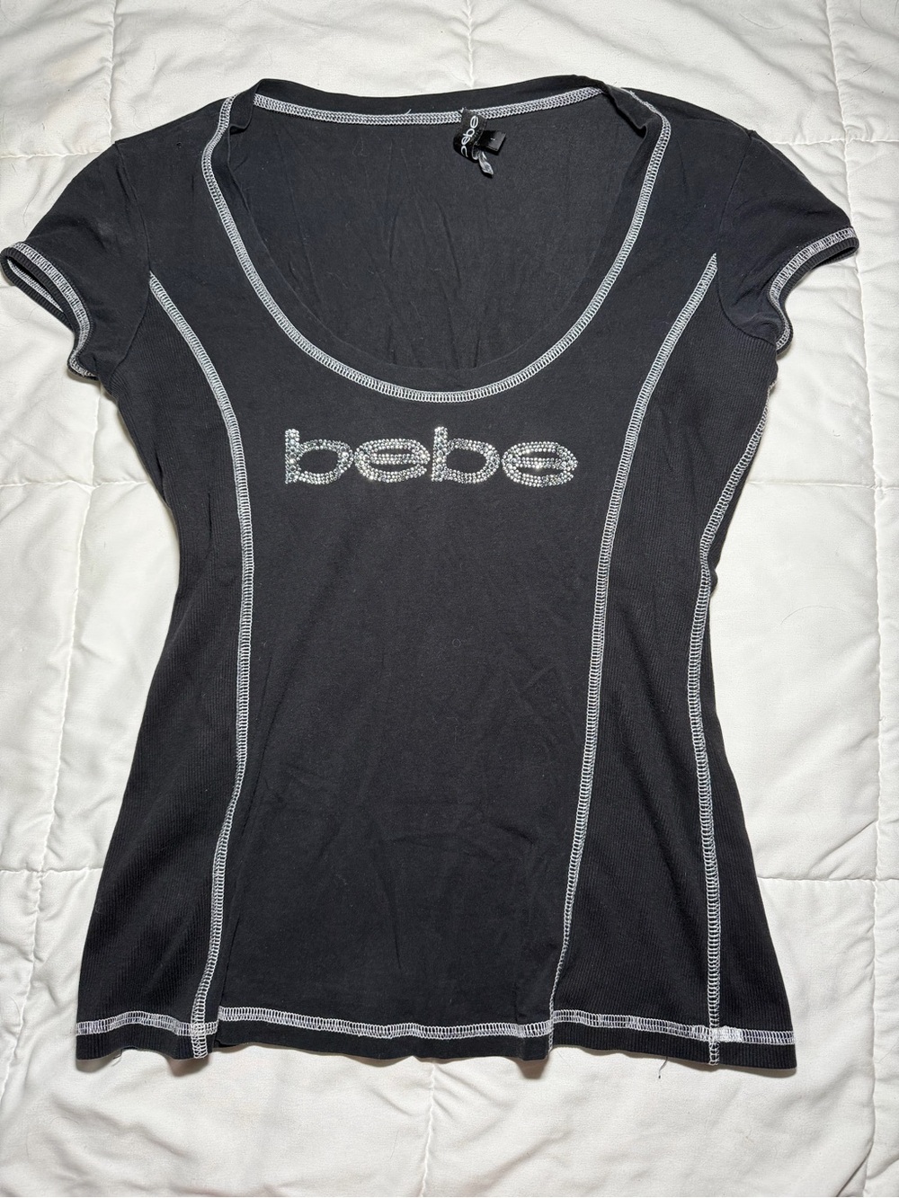 bebe Black Short Sleeve Scoop Tee with Rhinestone Logo